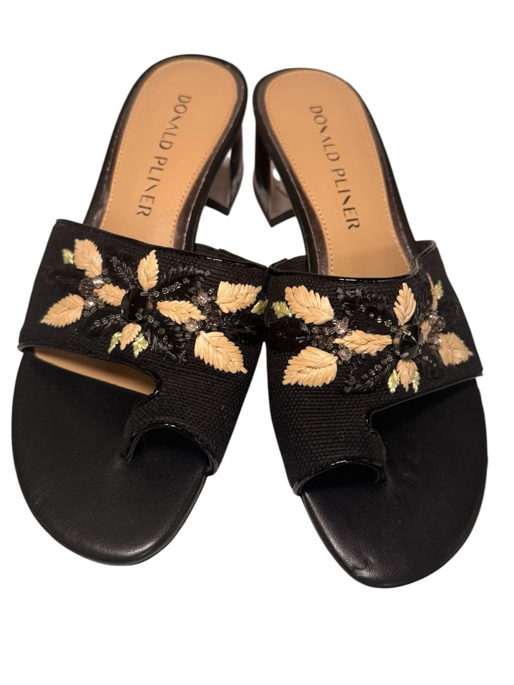 Donald Pliner Melros Block Heel Slides
 with Cream Leaf Embroidery